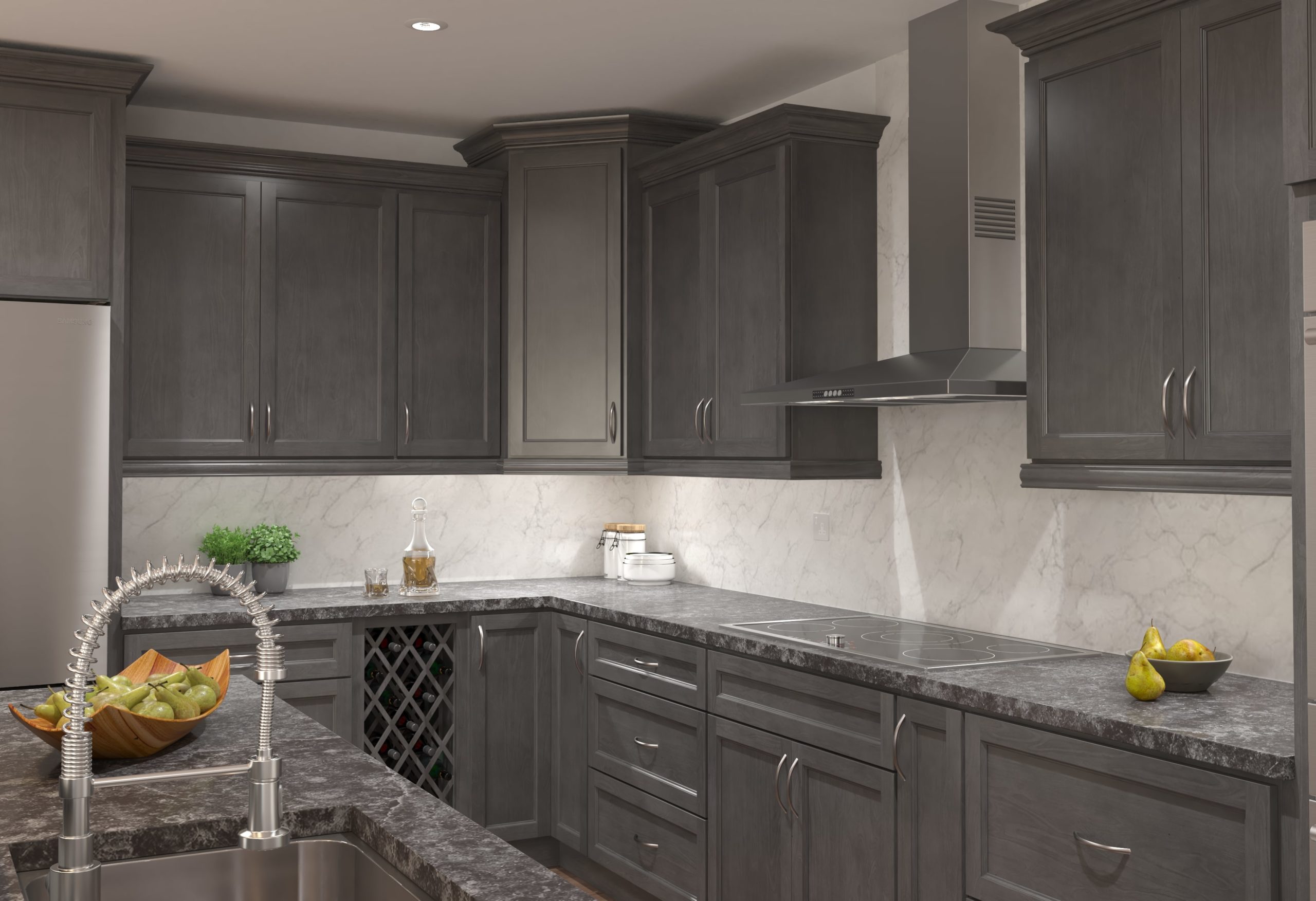 white kitchen cabinet with light gray backsplash