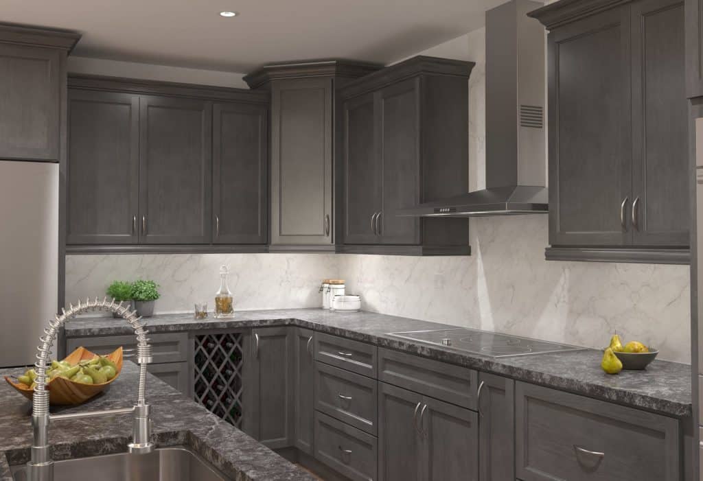 kitchen grey wall brown cabinet and backsplash